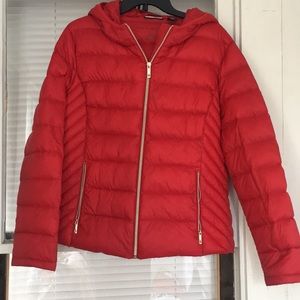 Red Tommy Hilfiger puffy jacket